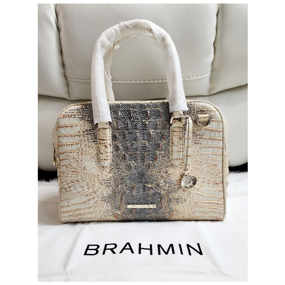 Brahmin Cream and Black Croc-Embossed Crossbody Satchel with Gold Hardware